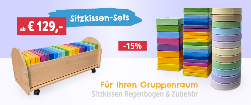 Sitzkissen mit Aufbewahrungsmöbel für den Gruppenraum Sitzkissen für den Gruppenraum, pflegeleichte Kissen für den Morgenkreis