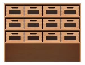 Materialschrank mit 12 Materialkästen (Acrylglasfenster) & Sockelnische