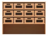 Materialschrank mit 12 Materialkästen (Acrylglasfenster) & Sockelnische